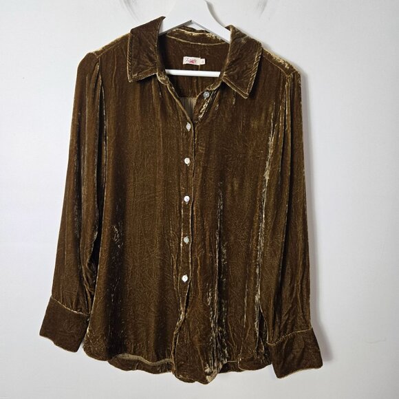 Faherty Size S Crushed Velvet Genevieve Stretch Silk Blend Button-Up Shirt Breen - Picture 1 of 11